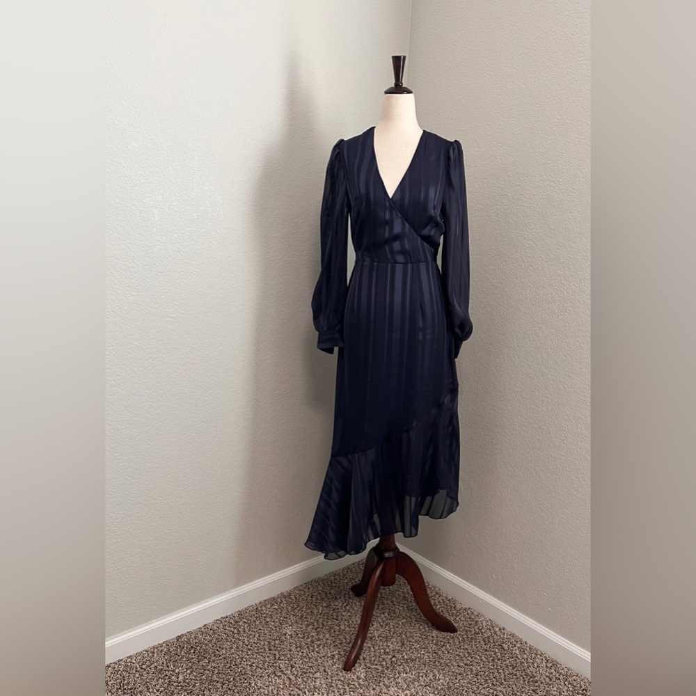 Adyson Parker Midnight Blue Stripe Long Sleeve Asymmetrical Hem midi dress